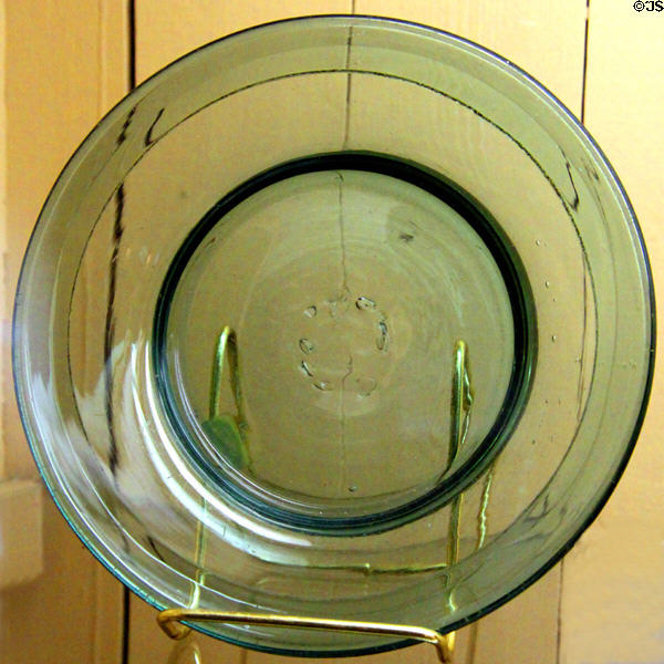 Aqua blown glass pan (1852-60) attr: Carter & Woodruff, Putnam at Stone Academy Museum. Zanesville, OH.