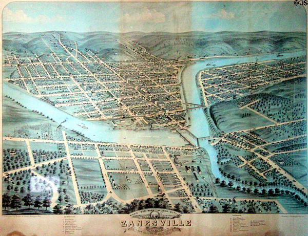 Aerial map of Zanesville with Y bridge at Stone Academy Museum. Zanesville, OH.