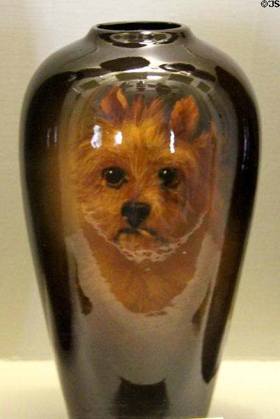 Louwelsa vase with dog face (1895-1918) by Lizabeth Blake of S.A. Weller Pottery Co. at Mathews House Museum. Zanesville, OH.