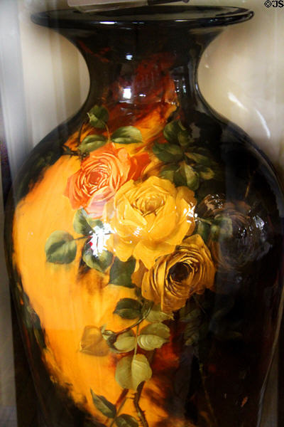 Painted flowers on Aurelian vase made for St. Louis Louisiana Purchase Exposition (1904) by S.A. Weller Pottery Co. at Mathews House Museum. Zanesville, OH.