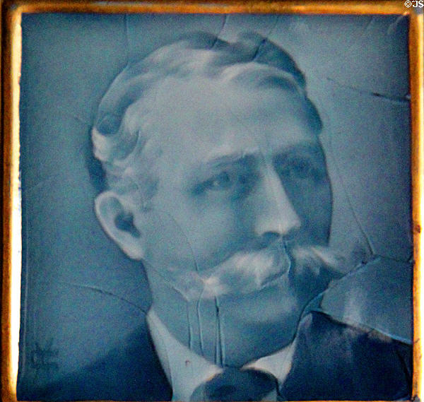 Ohio governor Asa S. Bushnell (1900) on tile by American Encaustic Tiling Co. at Mathews House Museum. Zanesville, OH.