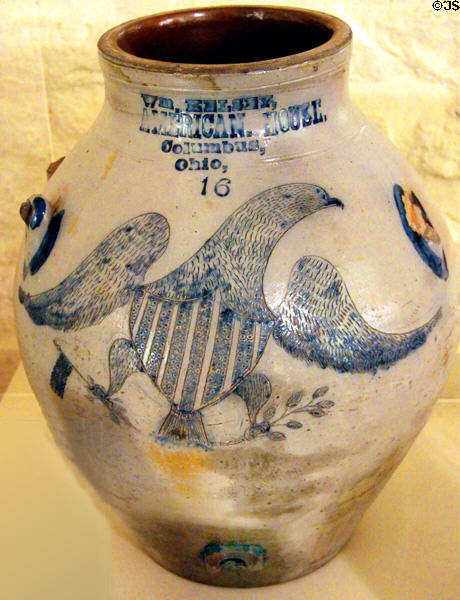 Stoneware water cooler (c1845) with American eagle marked American House, Columbus, Ohio at museum of Ohio State Capitol. Columbus, OH.