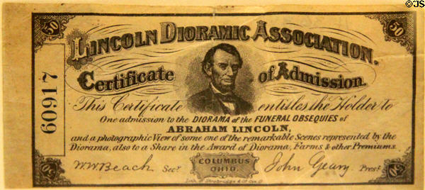 Admission ticket to the diorama of the funeral obsequies of Abraham Lincoln in Columbus, Ohio at museum of Ohio State Capitol. Columbus, OH.