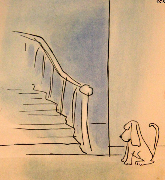 Thurber drawing with dog at stairway at The James Thurber House. Columbus, OH.