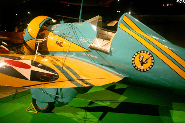 Boeing P-26A (Peashooter) (1932) replica fighter was last to have open cockpit & fixed wheels at National Museum of USAF. Dayton, OH.
