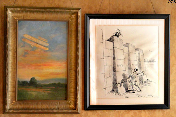 Graphics of Wright Bros. plane in flight & cartoon of Wright Bros. flying over the wall of Fort Myer at Hawthorn Hill. Dayton, OH.