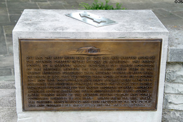 Plaque at Wright Brothers Memorial pointing to Huffman Prairie Flying Field over which Memorial sits. Dayton, OH.