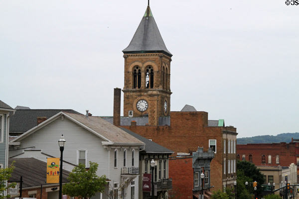 Main St. streetscape with City Hall clock tower. Lancaster, OH.
