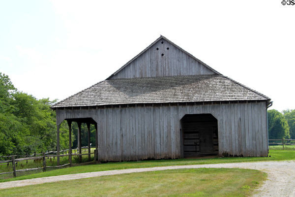 Barn with core log pen (1808) which held trade goods when farm was Piqua Indian Agency (1811-29) at Johnston Farm. Piqua, OH.