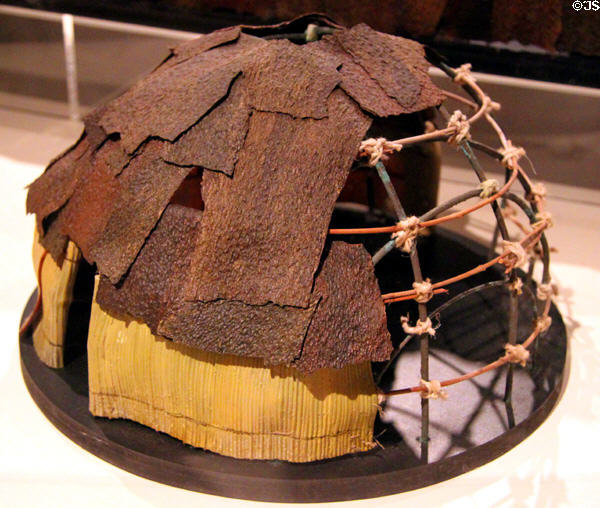 Model of Ojibwa dome-shaped wigwam made of bent saplings & bark at Johnston Farm Museum. Piqua, OH.