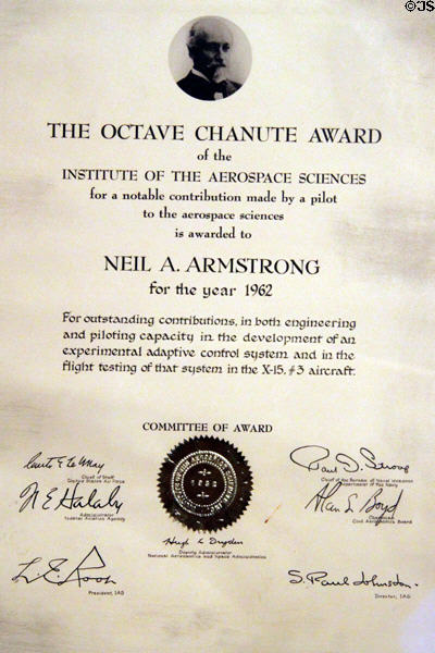 Octave Chanute Award given to Neil Armstrong in 1962 for his testing of the X-15 at Neil Armstrong Museum. Wapakoneta, OH.