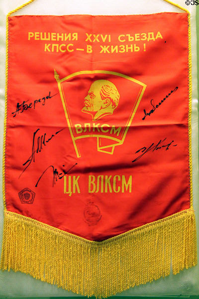 Banner from a Communist Party Congress signed by Soviet cosmonauts at Neil Armstrong Museum. Wapakoneta, OH.