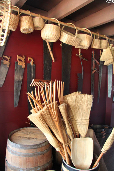 Baskets, tools & brooms in N.K. Whitney Store at Historic Kirtland Village. Kirtland, OH.