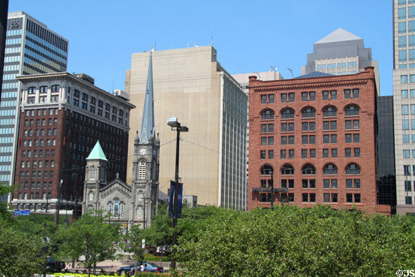 North side of Cleveland Public Square with Metropolitan Bank Center, Old Stone Church & Society National Bank. Cleveland, OH.