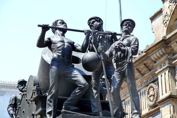 Hoisting mortar ball detail on Mortar Practice statuary group before Cleveland's Soldiers' & Sailors' Monument. Cleveland, OH.