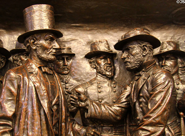 Relief of Abraham Lincoln, Robert T. Lincoln, Mortimer D. Leggett, Wm. T. Sherman, G.K. Warren in Soldiers' & Sailors' Monument. Cleveland, OH.