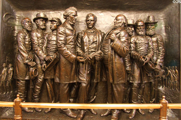 Relief of Ohio Civil War Leaders James A. Garfield, Jacob D. Cox, George B. McClellan, William Dennison, David Tod, John Brough, William S. Rosecrans, Rutherford B. Hayes, Quincy A. Gillmore in Cleveland's Soldiers' & Sailors' Monument. Cleveland, OH.