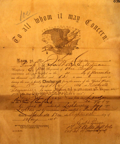 Discharge papers (1865) for Civil War soldier at Cleveland's Soldiers' & Sailors' Monument. Cleveland, OH.