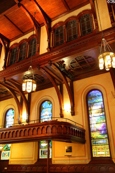 Woodwork & stained glass windows in Old Stone Church. Cleveland, OH.