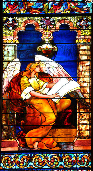 Recording Angel stained glass window (1885) by Louis C. Tiffany in Old Stone Church. Cleveland, OH.