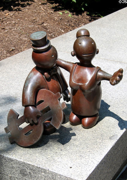 Whimsical statuette of patron with dollar sign (1998) by Tom Otterness at Cleveland Public Library. Cleveland, OH.