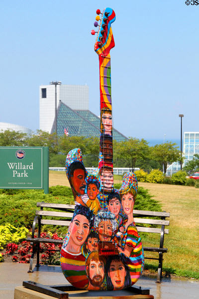 Cleveland Guitar Mania painted guitar (2002) shows rainbow of people by Anna Arnold. Cleveland, OH.