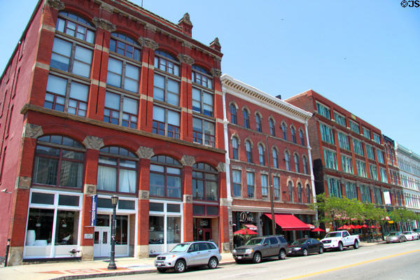 Row of heritage commercial buildings: George Worthington (1882); Worthington Square (Gilcrest) (1873); & Joseph & Feiss (1878) (850-702 St. Clair Ave.) in Warehouse District. Cleveland, OH.
