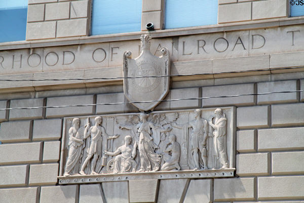 Brotherhood of Railroad Trainmen building details of shield & neoclassical relief. Cleveland, OH.