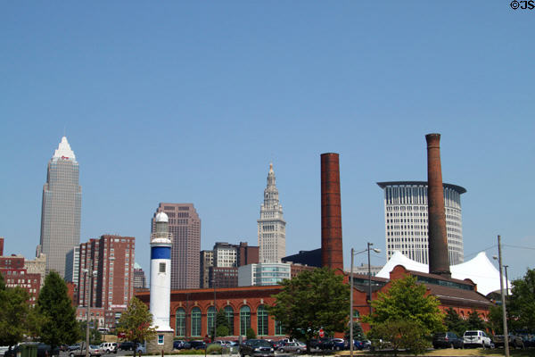 Powerhouse & skyline of Cleveland seen from The Flats. Cleveland, OH.