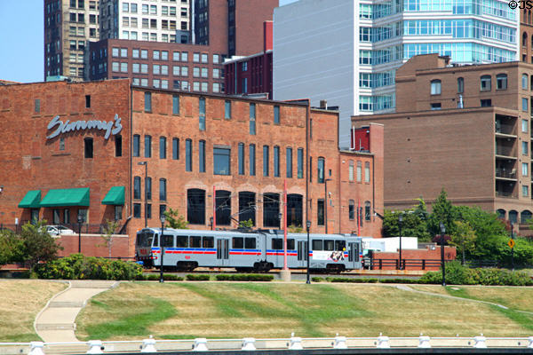 RTA Lakefront Line on the Flats of Cleveland Warehouse District. Cleveland, OH.