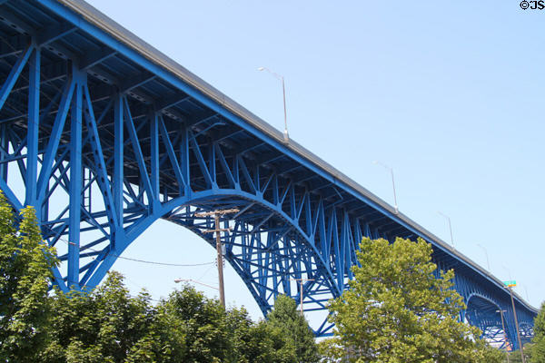 Main Avenue Viaduct (1939) (aka Cleveland Memorial Shoreway bridge) over Cuyahoga River. Cleveland, OH.