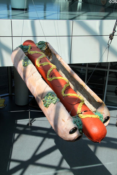 Hot dog vehicle hangs in Rock & Roll Hall of Fame. Cleveland, OH.