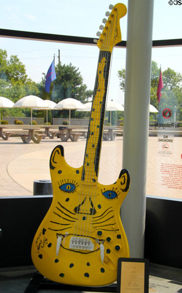 Guitar Mania painted guitars with cat face in Rock & Roll Hall of Fame. Cleveland, OH.