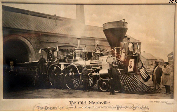 Etching of Old Nashville steam engine that drew Lincoln's Funeral Train from Washington to Springfield, IL. Cleveland, OH.