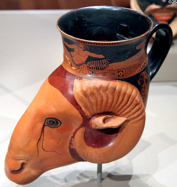 Ram-head Greek ceramic red-figure rhyton (480-470 BCE) attrib. to Brygos Painter at Cleveland Museum of Art. Cleveland, OH.
