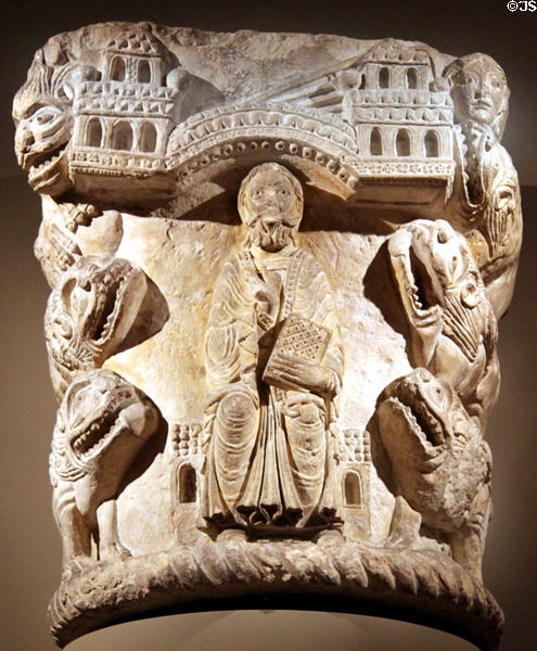 French limestone column capital of Daniel in the Lion's Den (1125-50) at Cleveland Museum of Art. Cleveland, OH.