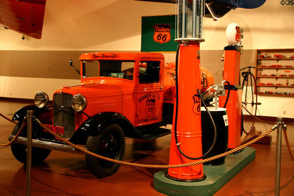 Phillips 66 1920's oil tanker truck & gas pumps at Woolaroc Museum. Bartlesville, OK.