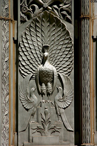 Embossed peacock & bird detail on facade of First National Center. Oklahoma City, OK.