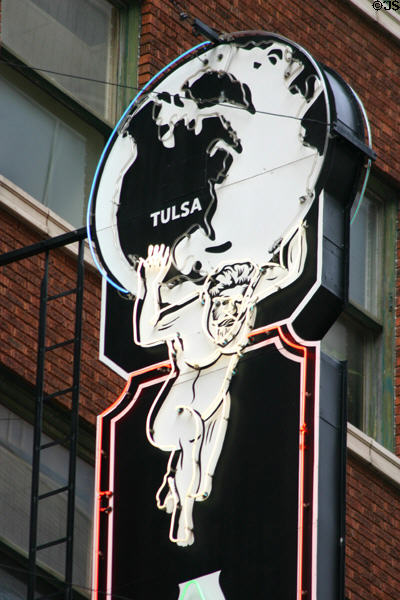 Neon Atlas sign showing Tulsa on globe on Atlas Life Building. Tulsa, OK.
