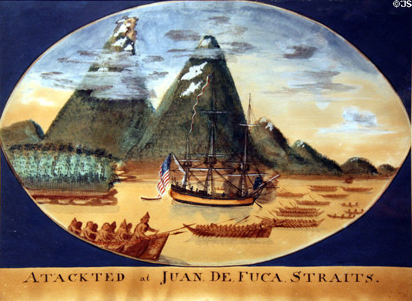 Watercolor of Columbia Rediviva attacked in Juan de Fuca Straits (c1793) by George Davidson at Columbia River Maritime Museum. Astoria, OR.