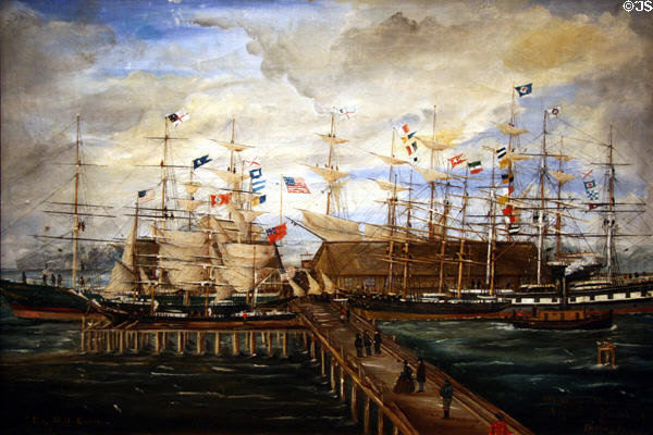 Painting of wharf of Astoria Farmers' Cooperative (1873) by G.H. Elvin at Columbia River Maritime Museum. Astoria, OR.