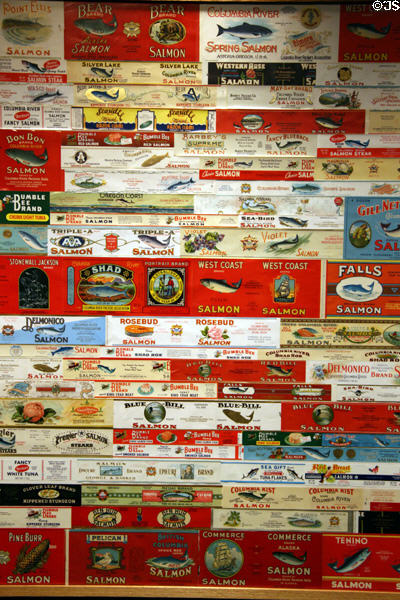 Collection of salmon can labels at Columbia River Maritime Museum. Astoria, OR.