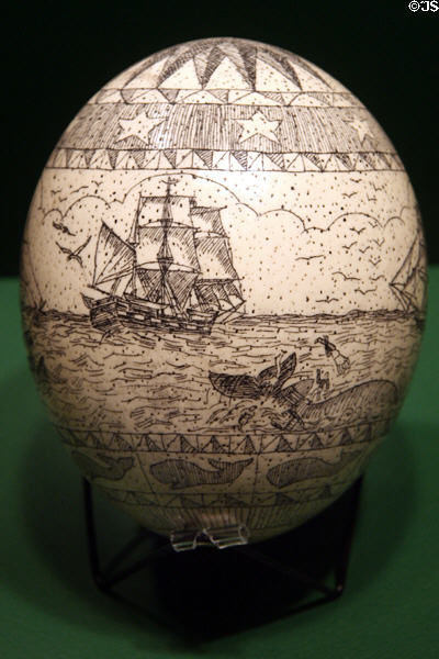 Engraved ostrich eggshell (20thC) at Columbia River Maritime Museum. Astoria, OR.