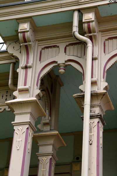 Decorative front porch woodwork of Flavel House. Astoria, OR.