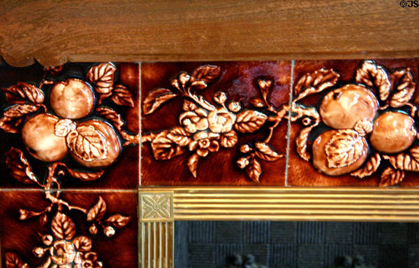 Tiles on fireplace in dining room of Flavel House. Astoria, OR.