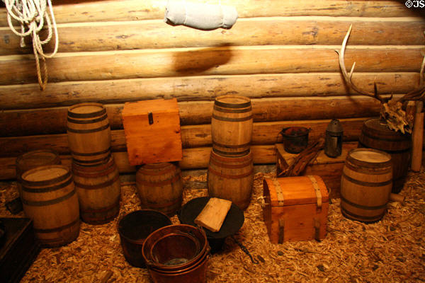 Storage area with barrels & chests in Fort Clatsop. Astoria, OR.