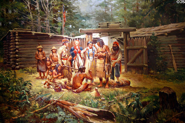 Painting of Lewis & Clark meeting Clatsop First Peoples at Fort Clatsop National Parks Museum. Astoria, OR.