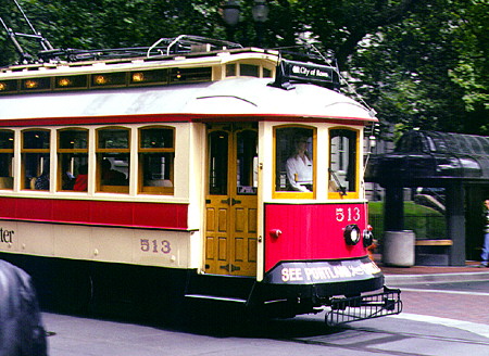 Historic photo of Portland downtown trolley (1990s) now replaced by higher volume cars. Portland, OR.