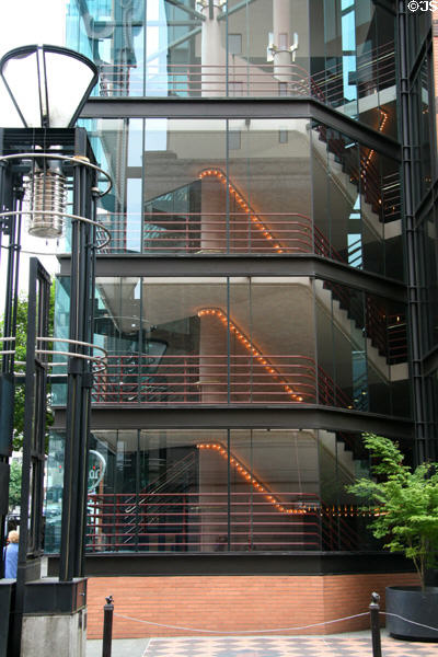 Glass enclosed staircase of Hatfield Hall. Portland, OR.