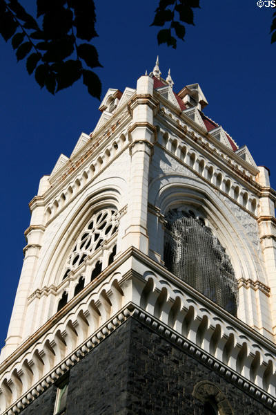 Gothic details of tower of Portland's First Congregational Church. Portland, OR.